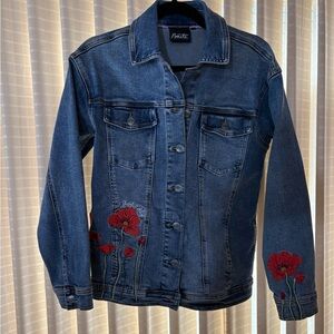 Nanette Lepore Denim Jacket with Red Floral Embroidery. Size Small.